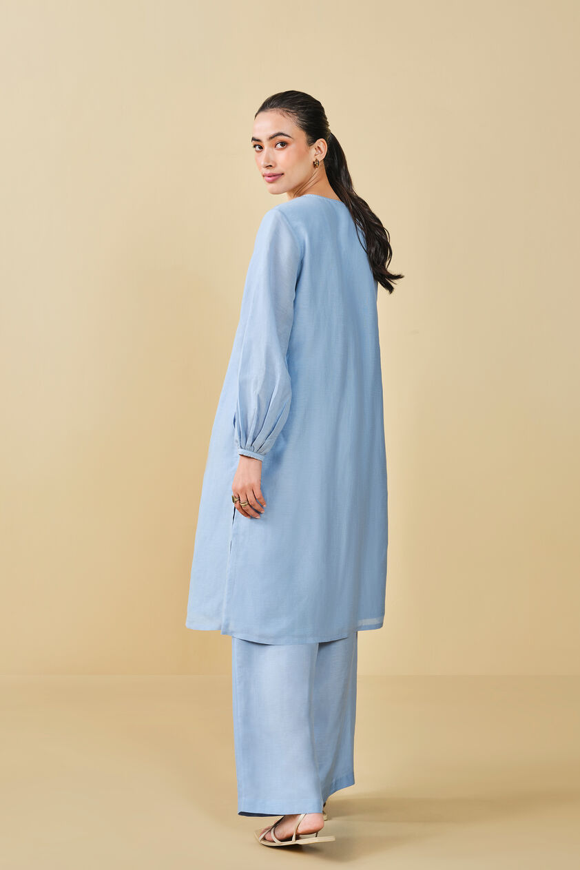 Cloud Sky Hand-embroidered Chikankari Linen Co-ord - Blue, Blue, image 8